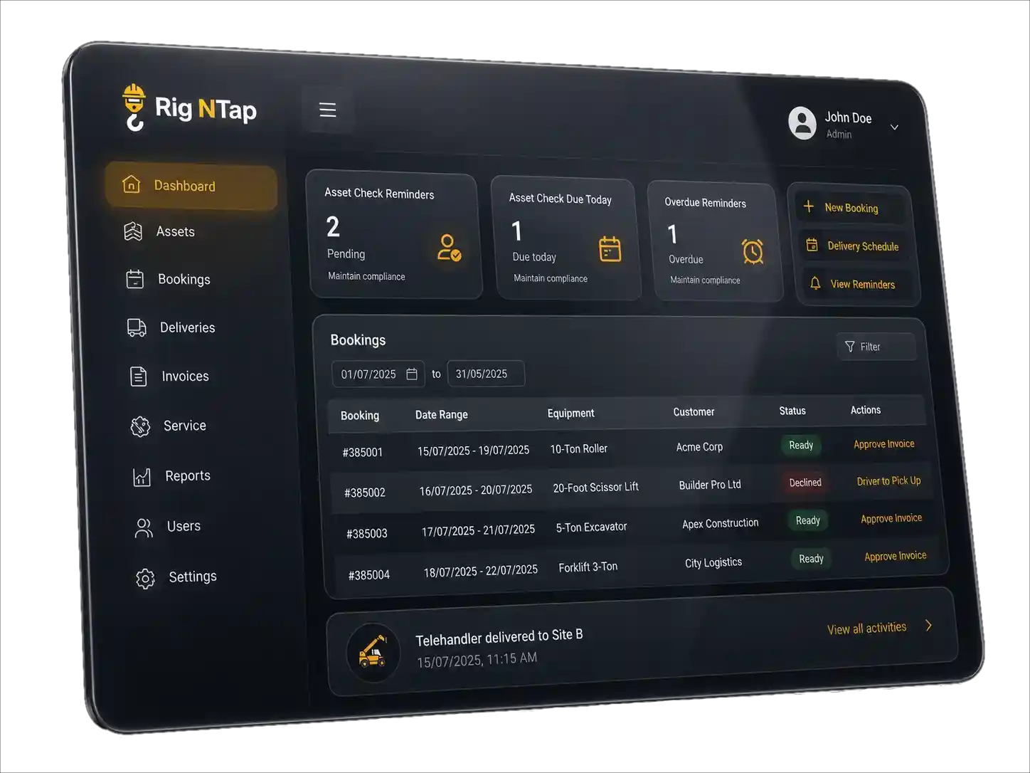 RigNTap equipment management dashboard